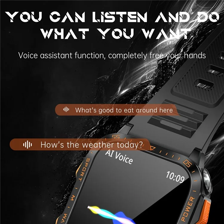 KT79 1,96 Polegadas Smartwatch Robusto Externo com Lanterna, Chamadas via Bluetooth, Rastreador Esportivo e Monitor de Saúde - Preto / Laranja