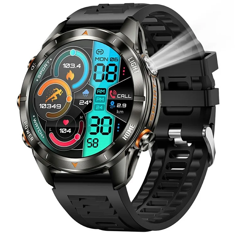 KT80 1.46 Inch Outdoor Smart Watch with Flashlight Health Monitor Multi Sport Modes Wristwatch - Black