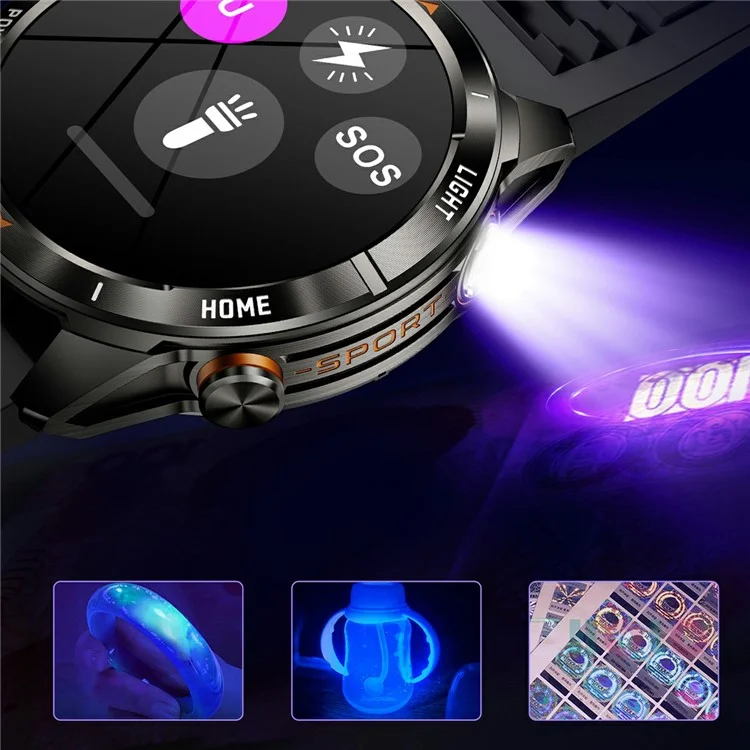 KT80 1.46 Inch Outdoor Smart Watch with Flashlight Health Monitor Multi Sport Modes Wristwatch - Black