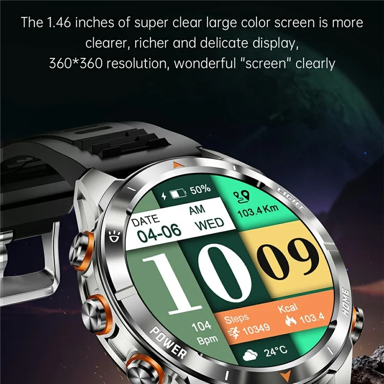 KT80 1.46 Inch Outdoor Smart Watch with Flashlight Health Monitor Multi Sport Modes Wristwatch - Black