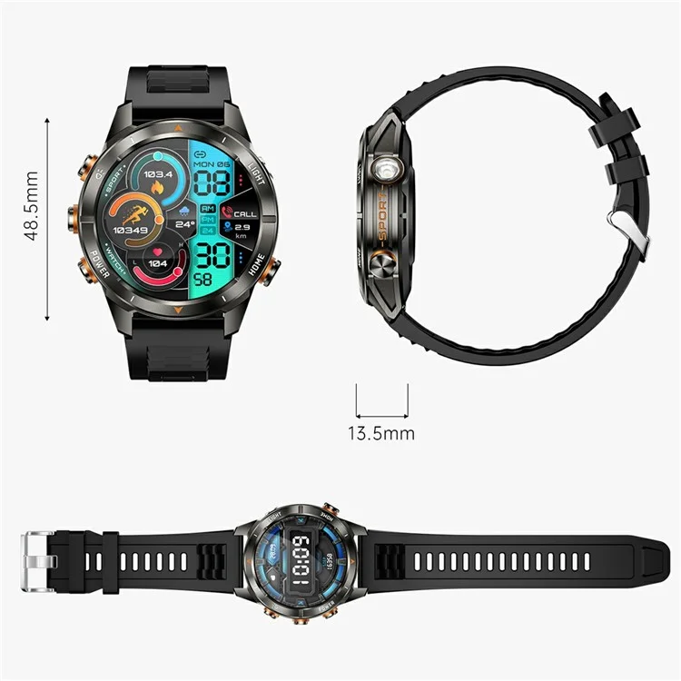 KT80 1.46 Inch Outdoor Smart Watch with Flashlight Health Monitor Multi Sport Modes Wristwatch - Black