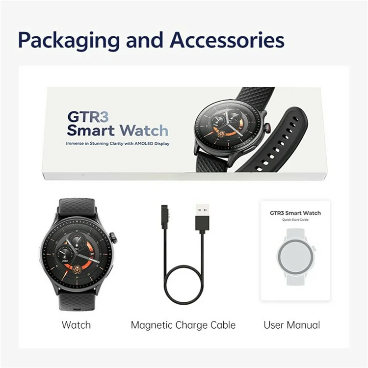 GTR3 1.43 Inch AMOLED Screen Smart Watch Bluetooth-Compatible Calling Fitness Tracker Health Monitor - Black