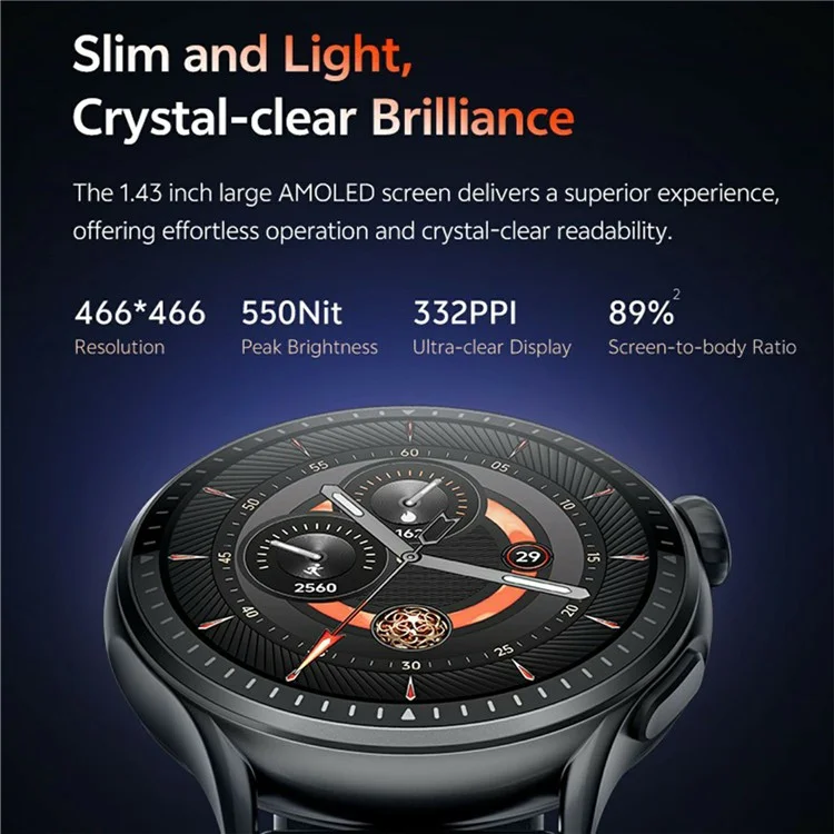 GTR3 1.43 Inch AMOLED Screen Smart Watch Bluetooth-Compatible Calling Fitness Tracker Health Monitor - Black