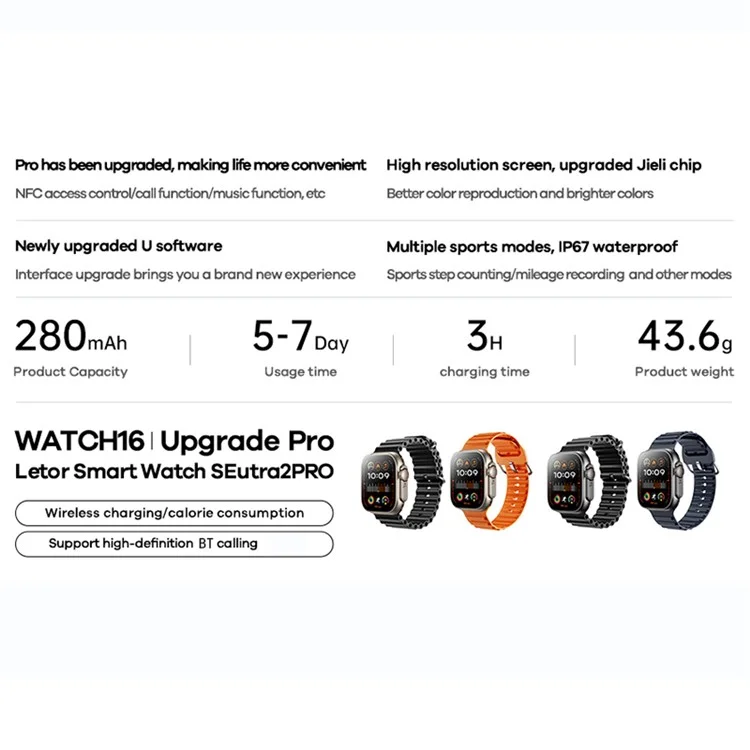 REMAX WATCH16 Letor Montre Intelligente SE Ultra 2 PRO Appels Bluetooth IP67 Étanche Surveillance de la Santé - Or Titane (Bracelets Noir + Orange)