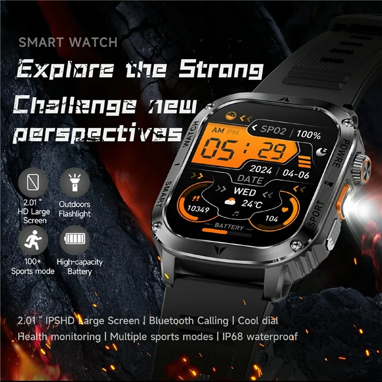 AK80 2.01 Inch HD Screen Smart Watch Bluetooth-Compatible Calling Heart Rate Monitor Sports Tracker, Silicone Strap - Black