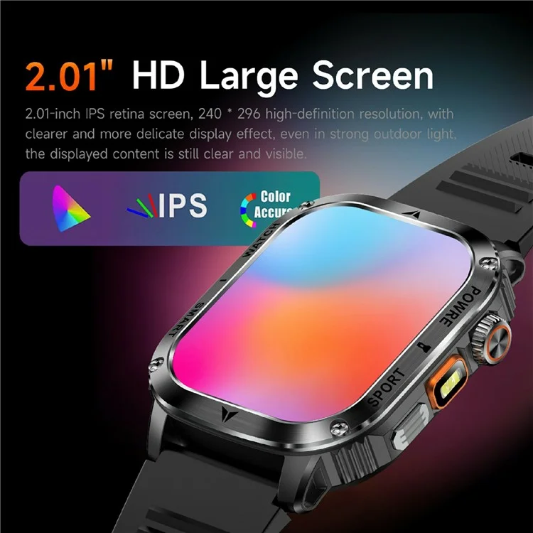 AK80 2.01 Inch HD Screen Smart Watch Bluetooth-Compatible Calling Heart Rate Monitor Sports Tracker, Silicone Strap - Black