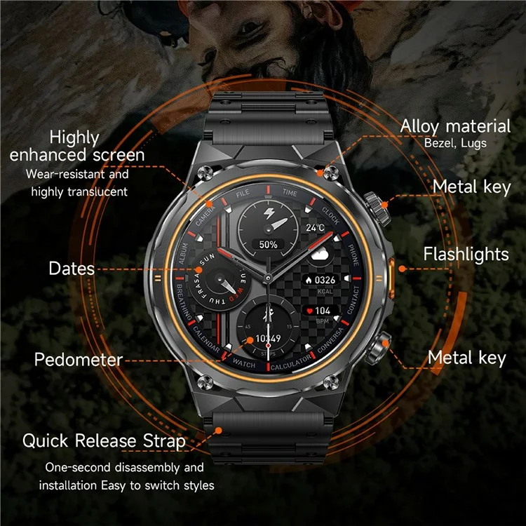 AK81 1,46 Zoll IPS-Bildschirm Smartwatch Herzfrequenzmesser Bluetooth-kompatible Anrufe Sportuhr, Stahlarmband - Schwarz