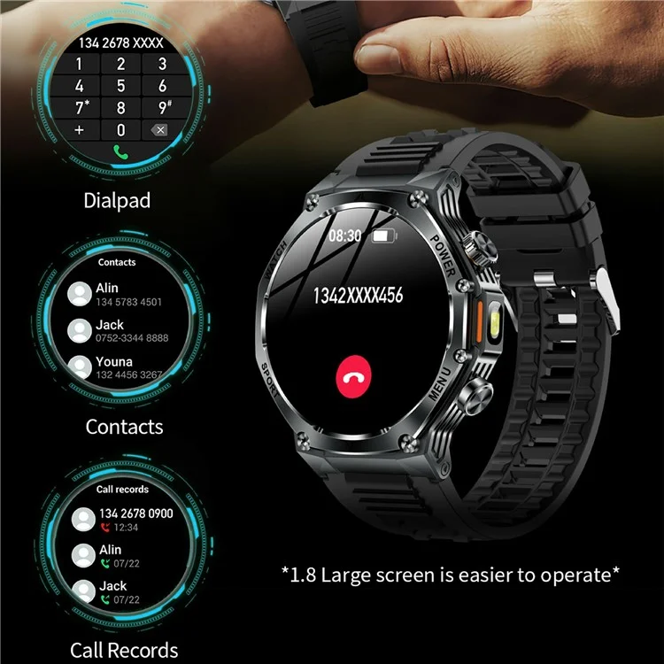 AK82 1.8 Inch Screen Smart Watch Bluetooth-Compatible Calling Heart Rate Monitor Sports Tracker, Silicone Strap - Black