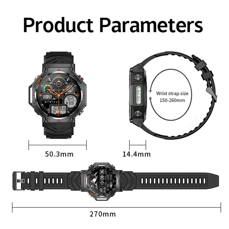 KC91 Smartwatch Esportivo com Tela HD de 1,39 Polegadas e GPS Integrado - Monitor de Frequência Cardíaca com Altímetro / Barômetro / Bússola - Preto