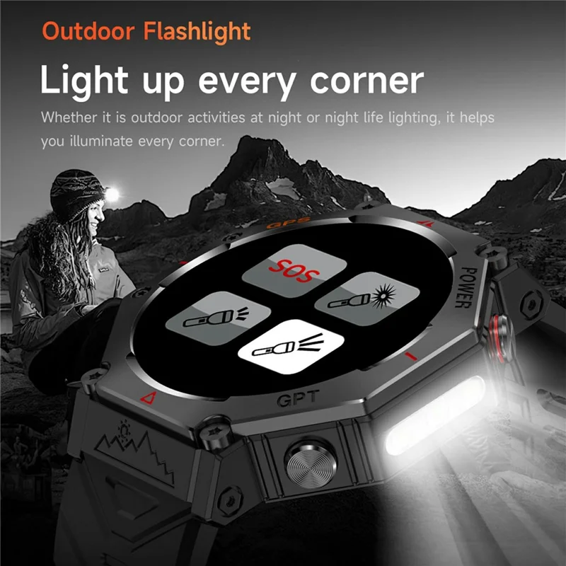 KC91 Smartwatch Esportivo com Tela HD de 1,39 Polegadas e GPS Integrado - Monitor de Frequência Cardíaca com Altímetro / Barômetro / Bússola - Preto