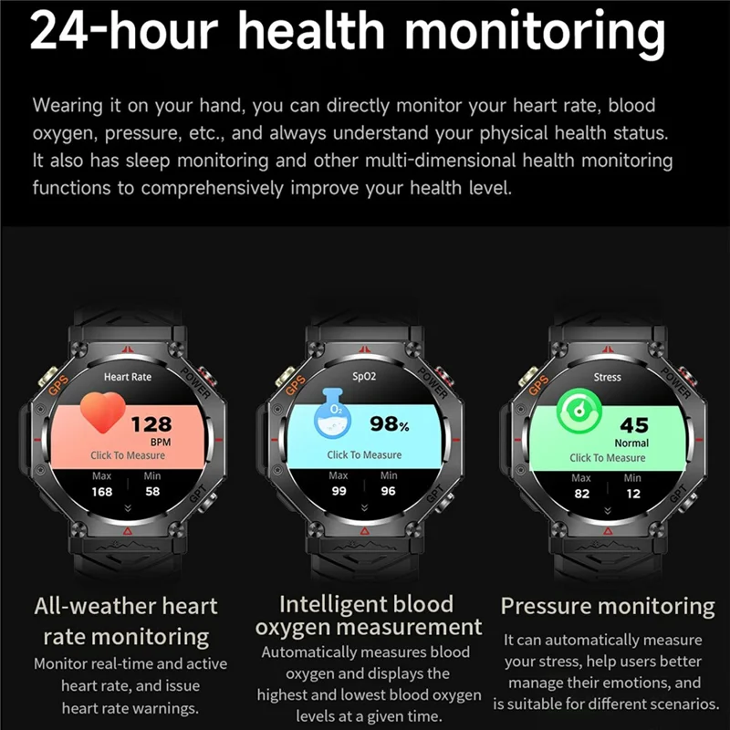 KC91 Smartwatch Esportivo com Tela HD de 1,39 Polegadas e GPS Integrado - Monitor de Frequência Cardíaca com Altímetro / Barômetro / Bússola - Preto