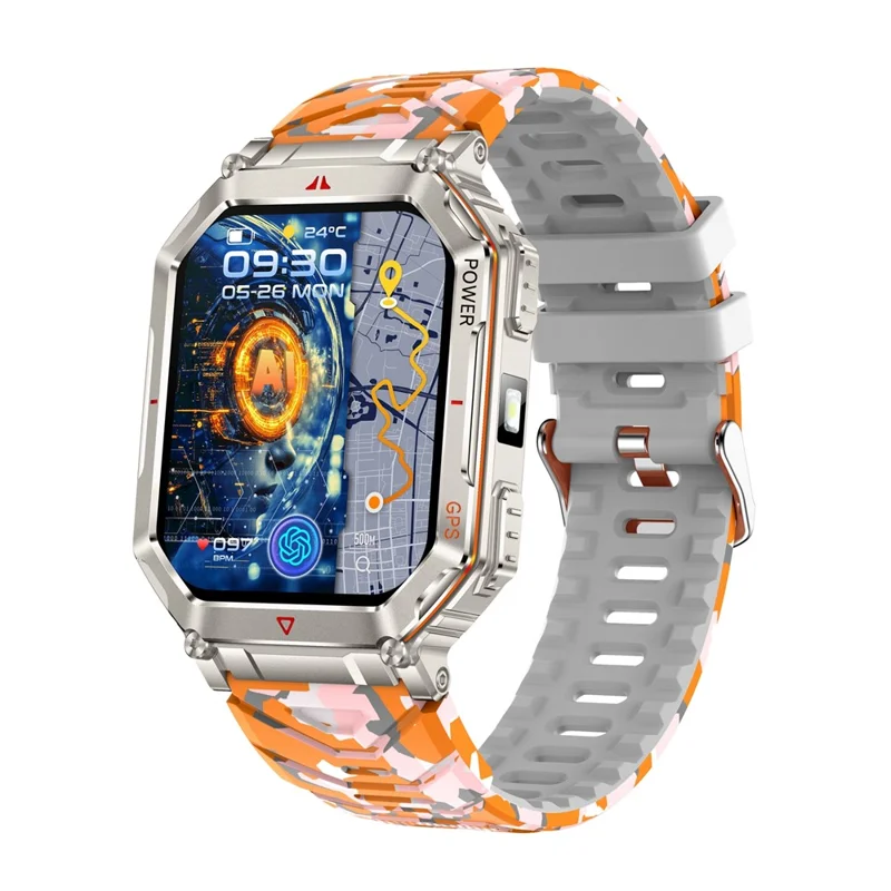 KR92 Smartwatch Bluetooth-kompatibel Anrufe GPS Wasserdicht Chat GPT Sprachassistent Outdoor-Sportuhr - Orange Tarnfarbe
