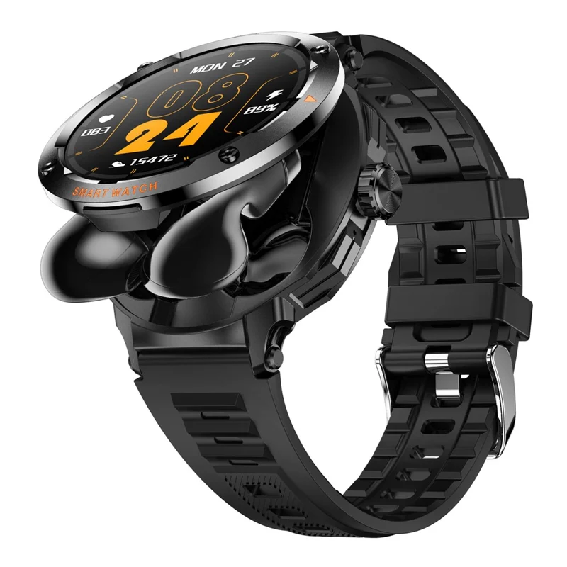 D13 Silicone Strap Smart Watch with Bluetooth-Compatible Earbuds 2 in 1 Fitness Tracker Touchscreen Smartwatch - Black