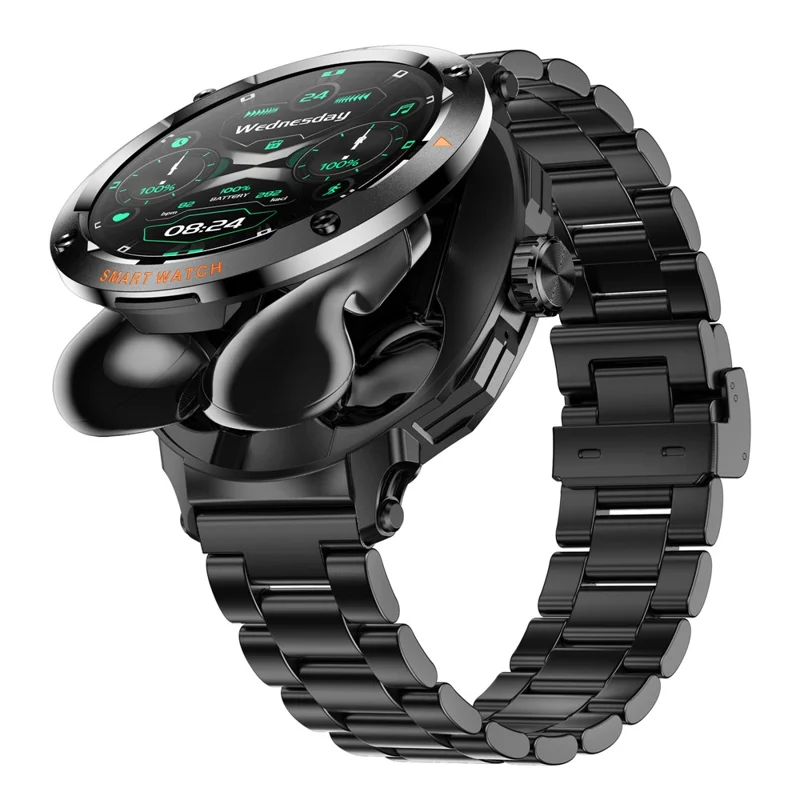 D13 Steel Strap Smart Watch with Bluetooth-Compatible Earbuds 2 in 1 Fitness Tracker Touchscreen Smartwatch - Black