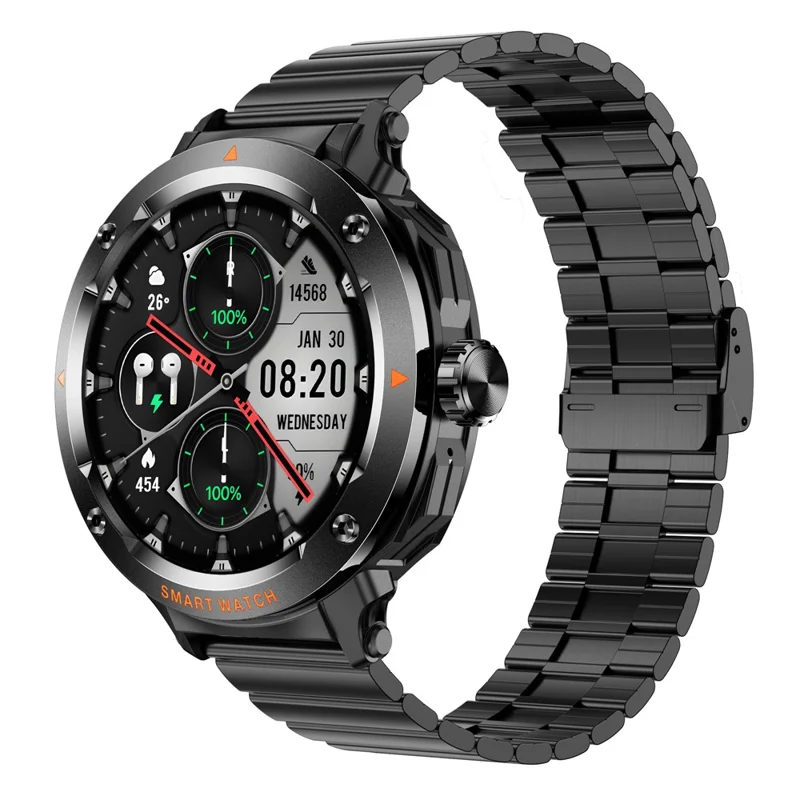 D13 Steel Strap Smart Watch with Bluetooth-Compatible Earbuds 2 in 1 Fitness Tracker Touchscreen Smartwatch - Black