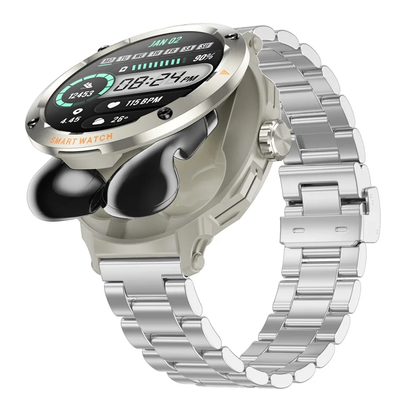 D13 Steel Strap Smart Watch with Bluetooth-Compatible Earbuds 2 in 1 Fitness Tracker Touchscreen Smartwatch - Grey