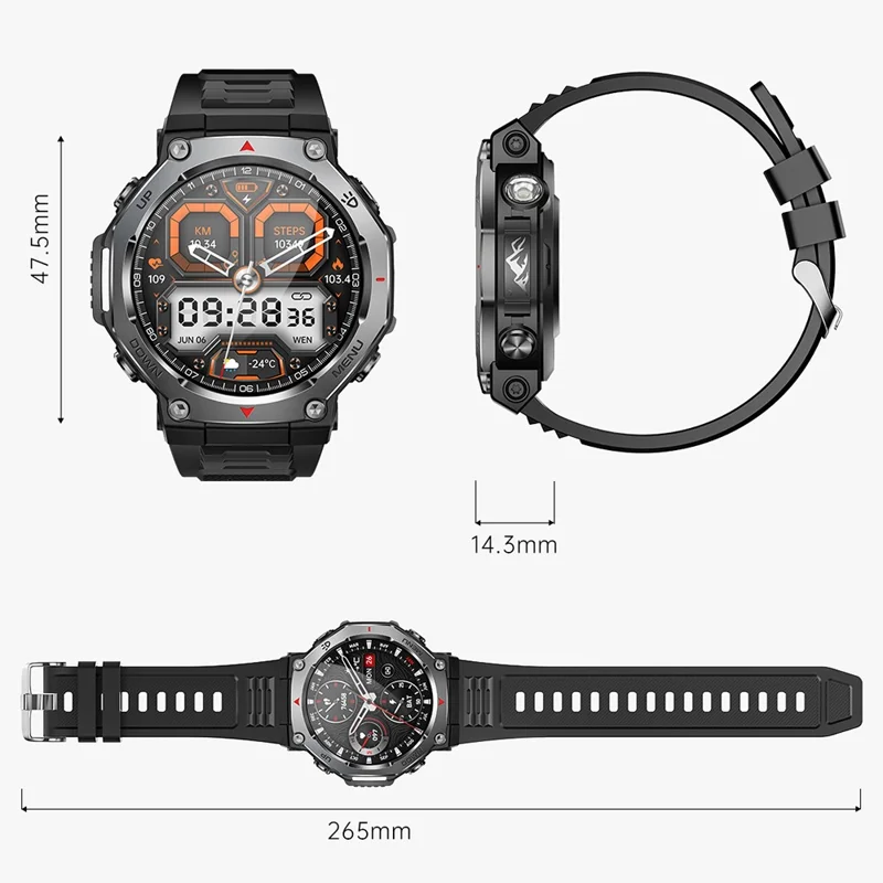 Montre Intelligente KT85 Étanche et Robuste Compatible Bluetooth avec Lampe Torche LED, Tracker de Fitness Sports - Noir