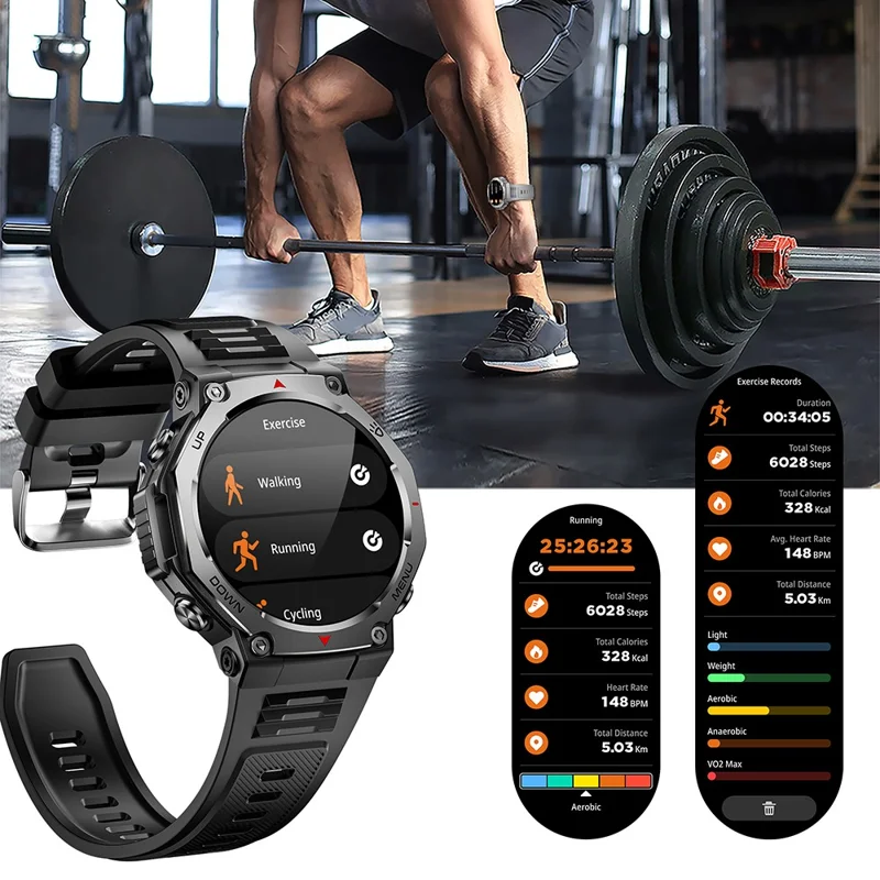 Montre Intelligente KT85 Étanche et Robuste Compatible Bluetooth avec Lampe Torche LED, Tracker de Fitness Sports - Noir