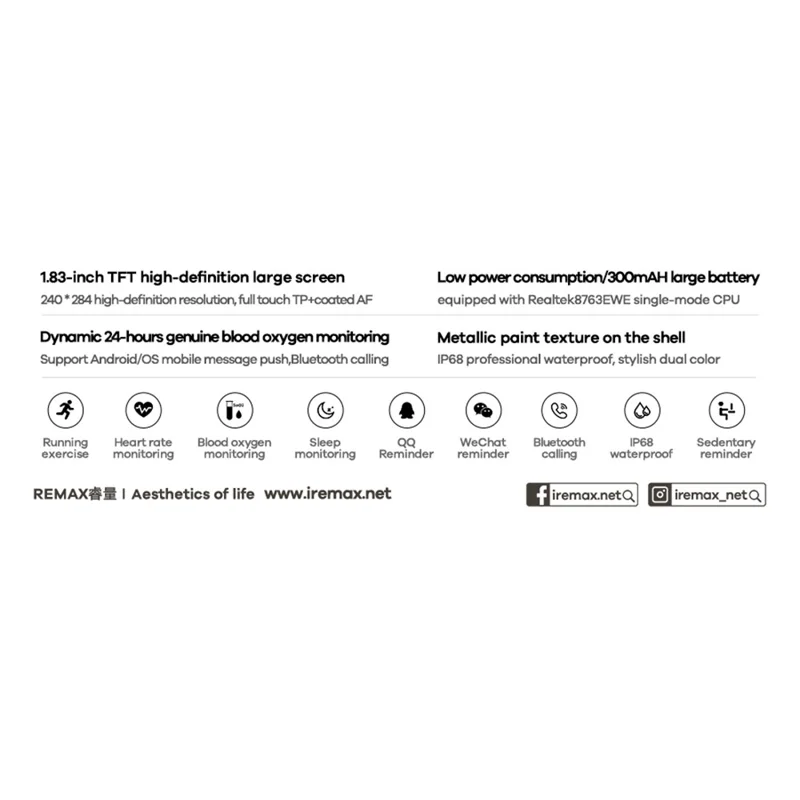 REMAX WATCH 20 Montre Intelligente Compatible Bluetooth avec Appels, Étanche IP68, Moniteur de Fréquence Cardiaque, Plus de 100 Modes Sportifs - Noir