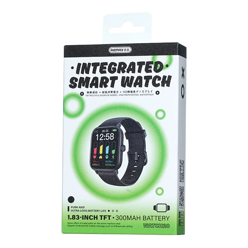 REMAX WATCH 20 Montre Intelligente Compatible Bluetooth avec Appels, Étanche IP68, Moniteur de Fréquence Cardiaque, Plus de 100 Modes Sportifs - Noir