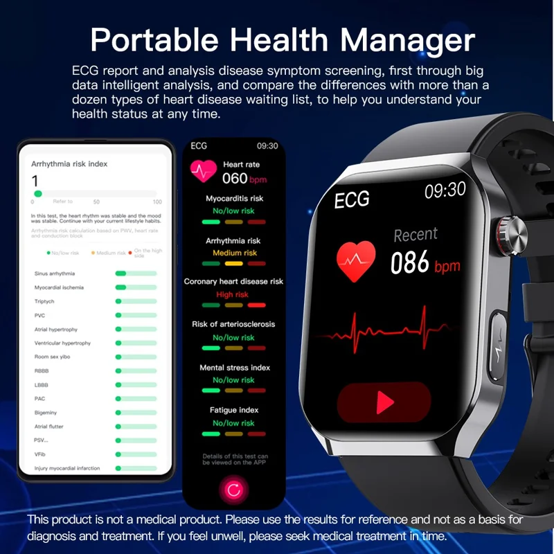 F700 Smartwatch SOS EKG Gesundheitsmonitor Schlaf Fitness Tracker Armbanduhr für iOS Android - Schwarz / Silikonarmband