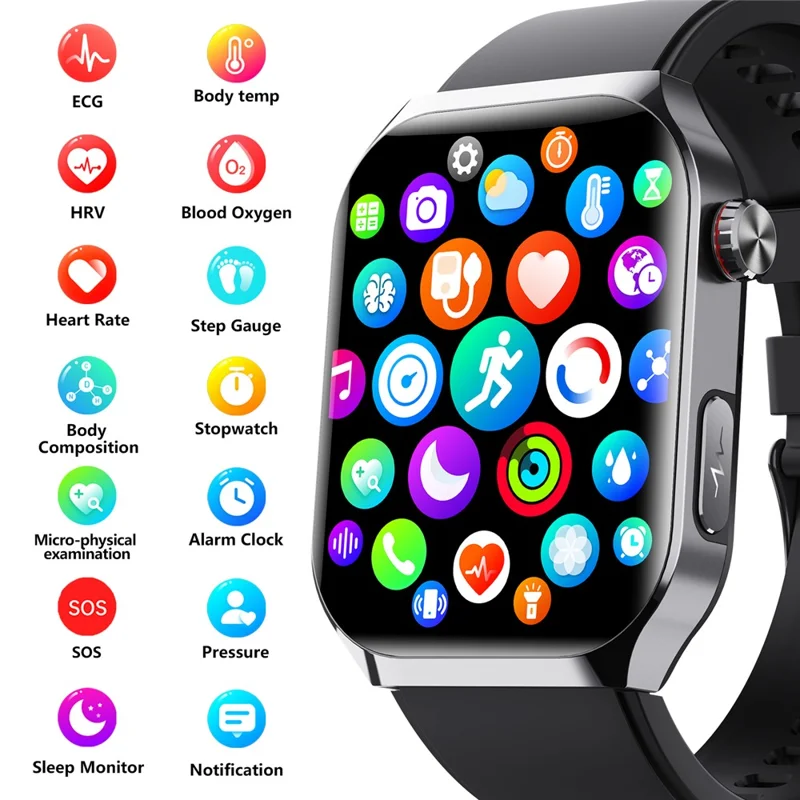 F700 Smartwatch SOS EKG Gesundheitsmonitor Schlaf Fitness Tracker Armbanduhr für iOS Android - Schwarz / Silikonarmband