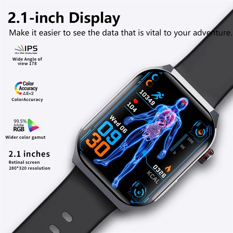 F700 Smartwatch SOS EKG Gesundheitsmonitor Schlaf Fitness Tracker Armbanduhr für iOS Android - Schwarz / Silikonarmband