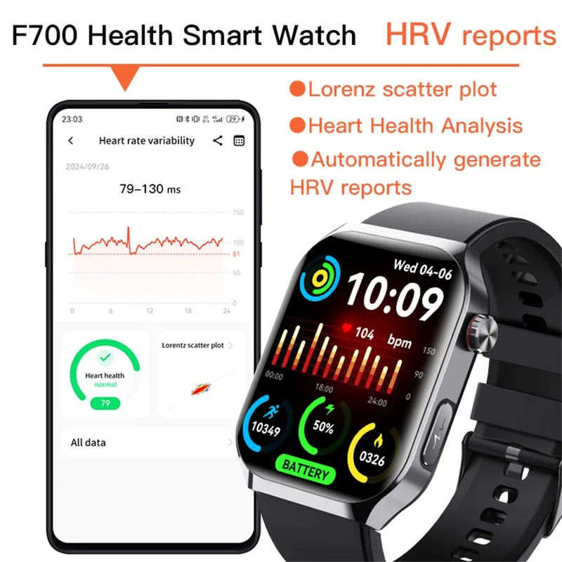 F700 Smartwatch SOS EKG Gesundheitsmonitor Schlaf Fitness Tracker Armbanduhr für iOS Android - Schwarz / Silikonarmband
