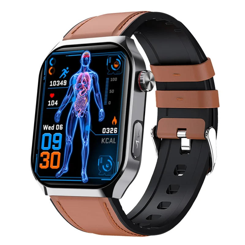 F700 Montre Connectée SOS ECG Moniteur de Santé Tracker de Sommeil et de Fitness pour iOS Android - Marron / Bracelet en Cuir