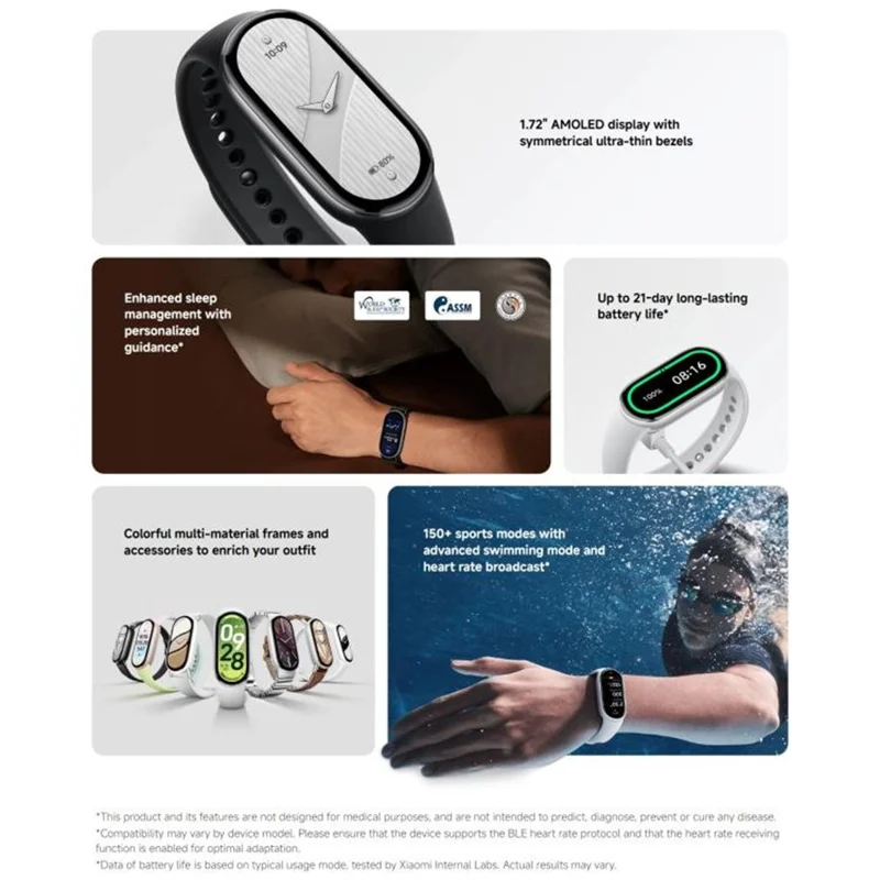 XIAOMI Smart Band 10 Tela AMOLED de 1,72 Polegadas Rastreador de Fitness à Prova d'Água 5ATM Monitor de Frequência Cardíaca Pulseira (M2457B1) - Prata