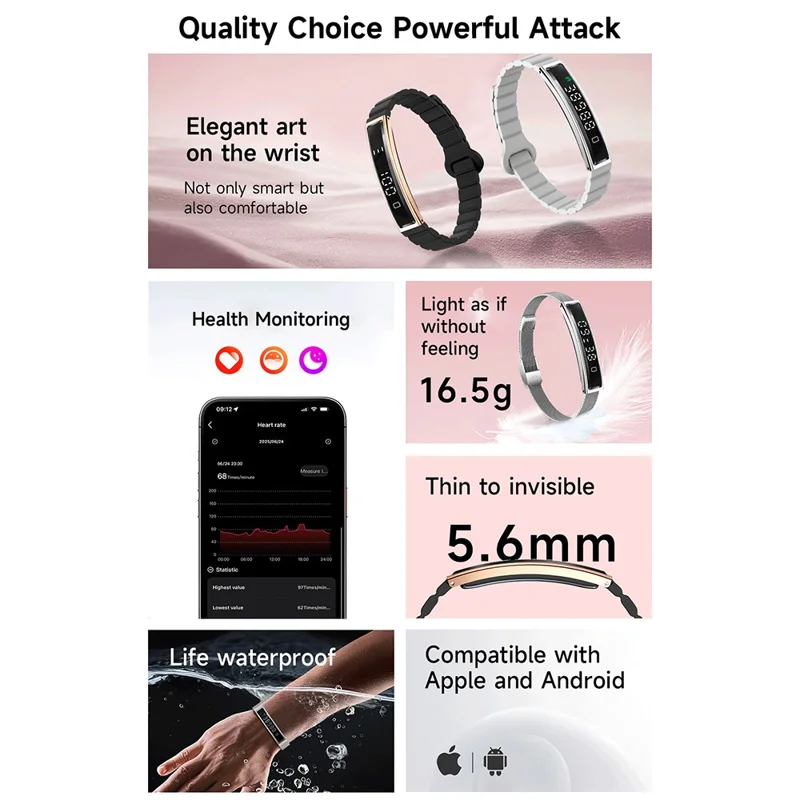 B3 Bracelet Intelligent Étanche et Fin pour Femmes, Moniteur de Santé et Tracker de Fitness, Bracelet en Silicone - Or+Noir