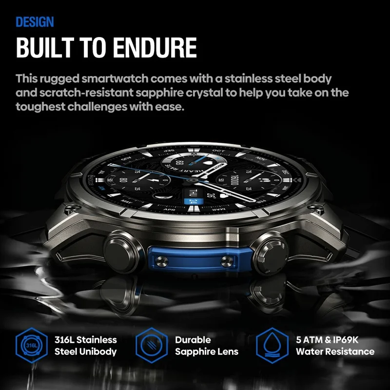 ZEBLAZE Vibe 8 Smartwatch da 1,43 pollici per Monitoraggio della Salute, Chiamate Bluetooth, Orologio Sportivo da Esterno con Torcia - Nero