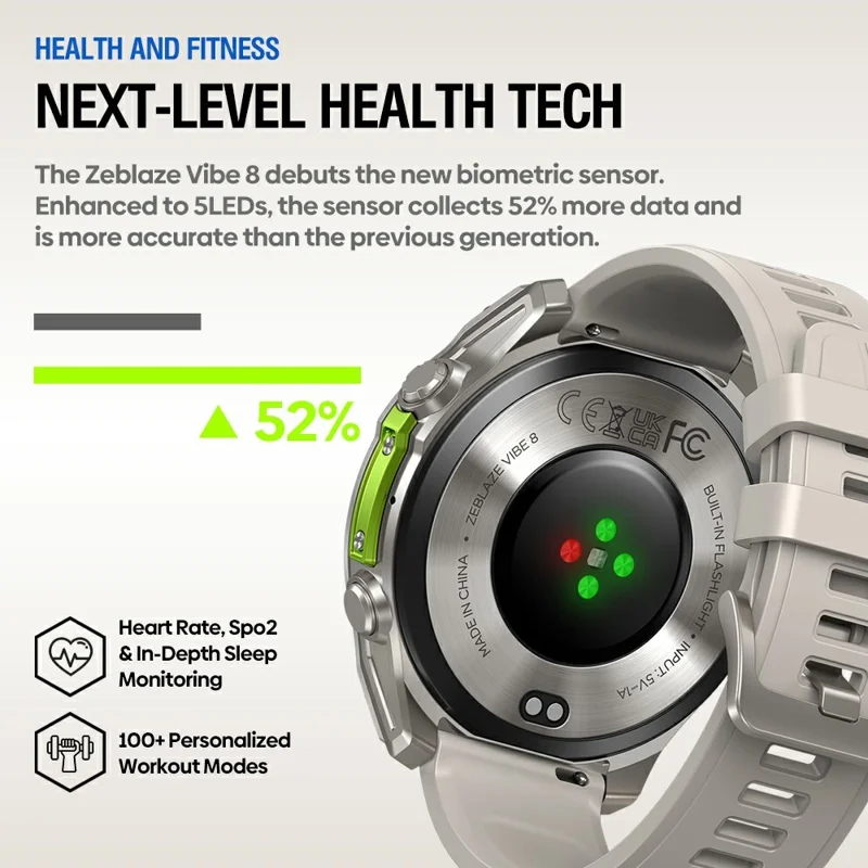 ZEBLAZE Vibe 8 Smartwatch da 1,43 pollici per Monitoraggio della Salute, Chiamate Bluetooth, Orologio Sportivo da Esterno con Torcia - Nero