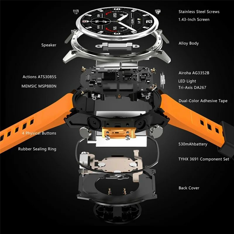 HD300pro 1,43 inch AMOLED scherm Smart Sport Horloge Fitness Tracker met 5 Satelliet Positionering Offline Kaart Navigatie - Zwart