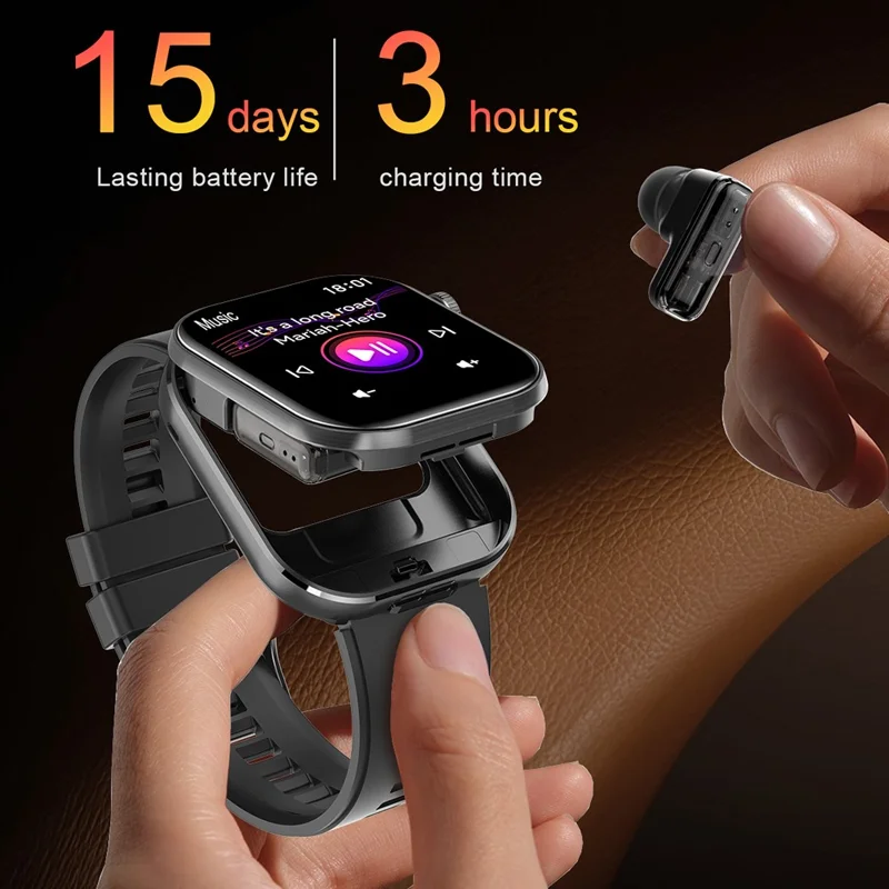 T99 Smart Watch 2 in 1 TWS Earbuds Bluetooth-compatible Call Heart Rate Blood Pressure Monitor Wristwatch - Black