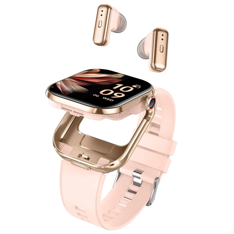 T99 Smart Watch 2 in 1 TWS Earbuds Bluetooth-compatible Call Heart Rate Blood Pressure Monitor Wristwatch - Gold+Pink