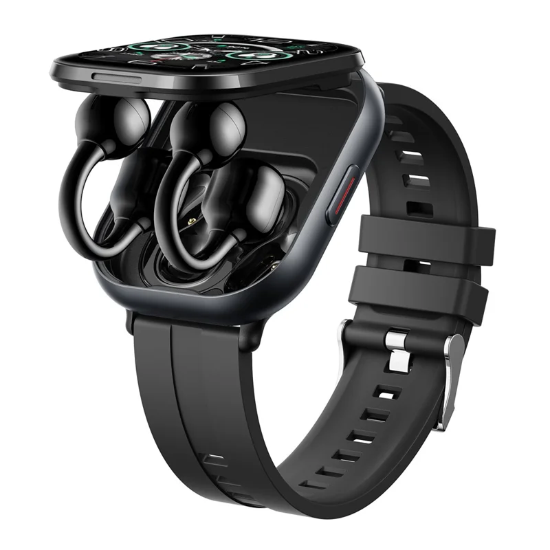 D12 2 in 1 Bluetooth-compatible Earbuds Smart Watch Health Monitoring Fitness Tracker 2.01 Inch TFT Screen Wristwatch, Silicone Strap - Black