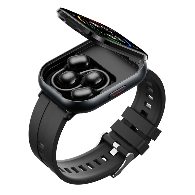 D12 2 in 1 Bluetooth-compatible Earbuds Smart Watch Health Monitoring Fitness Tracker 2.01 Inch TFT Screen Wristwatch, Silicone Strap - Black