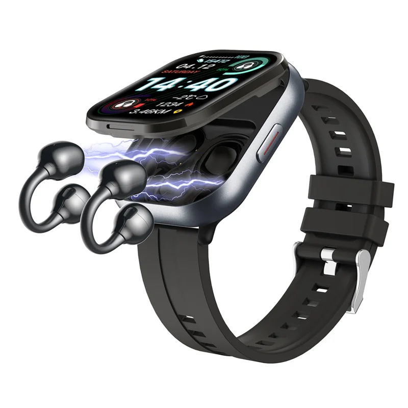 D12 2 in 1 Bluetooth-compatible Earbuds Smart Watch Health Monitoring Fitness Tracker 2.01 Inch TFT Screen Wristwatch, Silicone Strap - Black