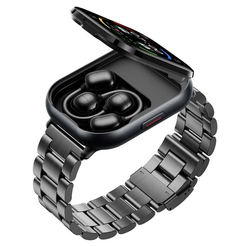 D12 2 in 1 Bluetooth-compatible Earbuds Smart Watch Health Monitoring Fitness Tracker 2.01 Inch TFT Screen Wristwatch, Steel Strap - Black