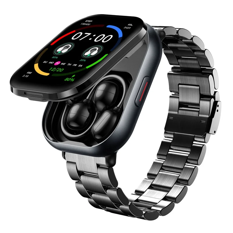 D12 2 in 1 Bluetooth-compatible Earbuds Smart Watch Health Monitoring Fitness Tracker 2.01 Inch TFT Screen Wristwatch, Steel Strap - Black