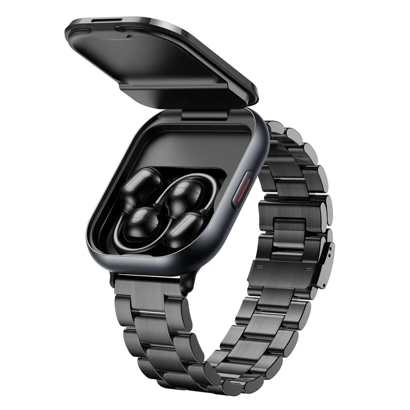 D12 2 in 1 Bluetooth-compatible Earbuds Smart Watch Health Monitoring Fitness Tracker 2.01 Inch TFT Screen Wristwatch, Steel Strap - Black