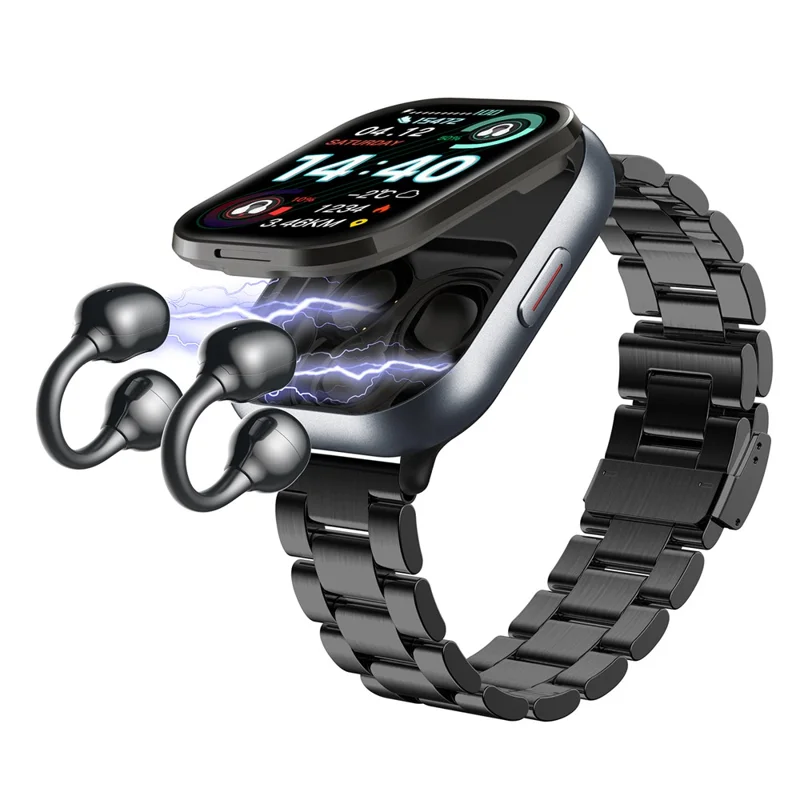 D12 2 in 1 Bluetooth-compatible Earbuds Smart Watch Health Monitoring Fitness Tracker 2.01 Inch TFT Screen Wristwatch, Steel Strap - Black