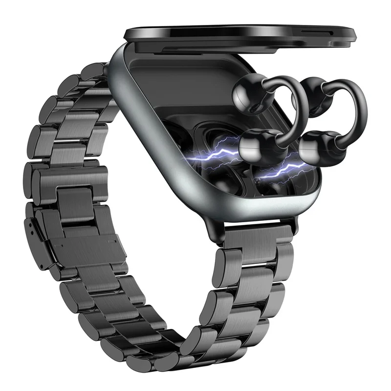 D12 2 in 1 Bluetooth-compatible Earbuds Smart Watch Health Monitoring Fitness Tracker 2.01 Inch TFT Screen Wristwatch, Steel Strap - Black