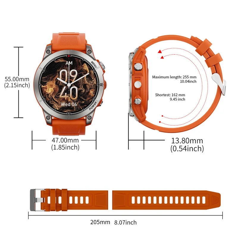 Montre connectée de sport outdoor AW45 de 1,39 pouces, compatible Bluetooth, surveillance de la santé, boussole et lampe de poche LED - Orange