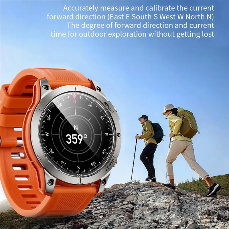 Montre connectée de sport outdoor AW45 de 1,39 pouces, compatible Bluetooth, surveillance de la santé, boussole et lampe de poche LED - Orange