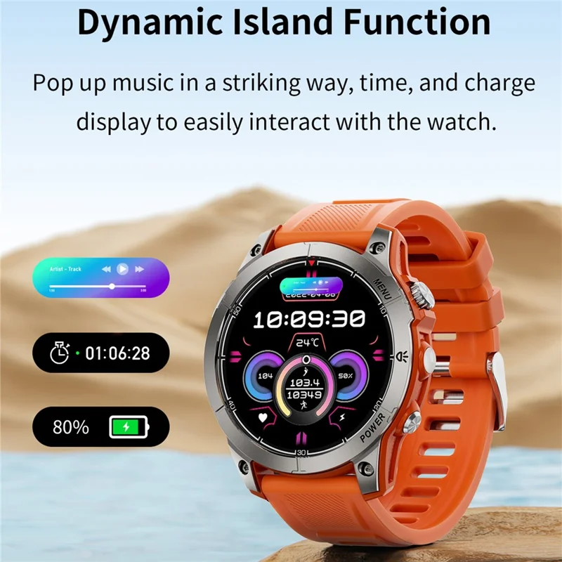 Montre connectée de sport outdoor AW45 de 1,39 pouces, compatible Bluetooth, surveillance de la santé, boussole et lampe de poche LED - Orange