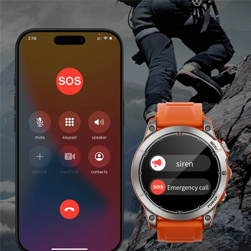 Montre connectée de sport outdoor AW45 de 1,39 pouces, compatible Bluetooth, surveillance de la santé, boussole et lampe de poche LED - Orange