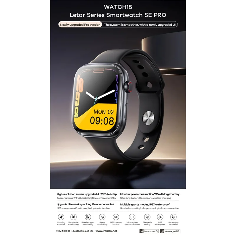 REMAX WATCH15 SE PRO NFC Умные часы Bluetooth-совместимые Вызов Монитор сердечного ритма Спортивные наручные часы - Черный