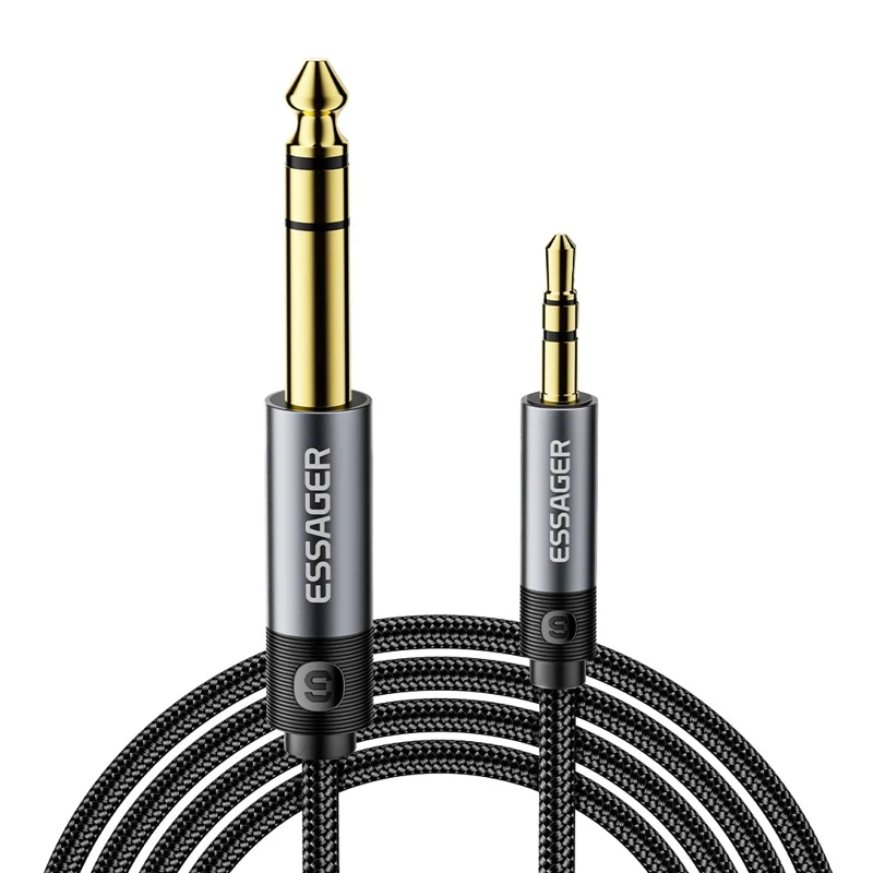 ESSAGER 2m HD Son Câble Tressé Adaptateur Audio 3.5mm Mâle à 6.5mm Mâle avec Connecteur Plaqué Or - Gris
